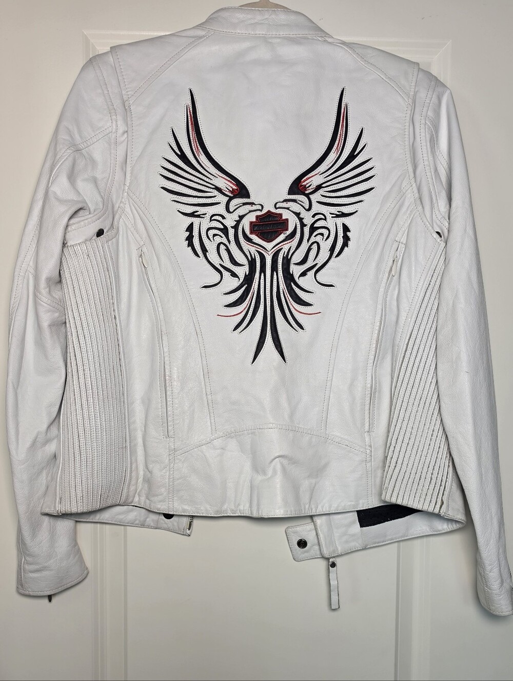 Harley-Davidson White & Red Leather Jacket Women's Small Rare Embroidered Eagle